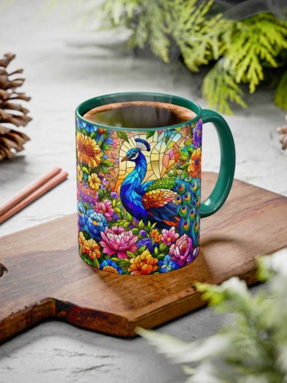 Vibrant Peacock Mug Stained Glass Effect Colorful Floral Accent